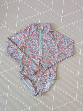 Size 7/8 - Long-Sleeve Floral One-Piece Swimsuit - Coral & Aqua
